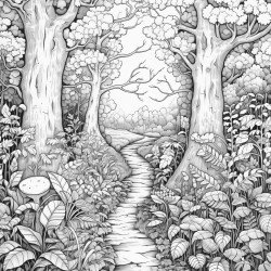 write a prompt for the colouring idea a forest path with colored leavesremember it must be in black and whiteso that the adult will be the one to colour it not more than 300 characters