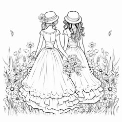 the backs of two brides in a field of flowers