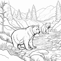 create a blackandwhite coloring page featuring bears by a river the bears should have bold clear outlines with one bear fishing or drinking water include simple details like trees rocks and the flowing river but leave large spaces for easy coloring