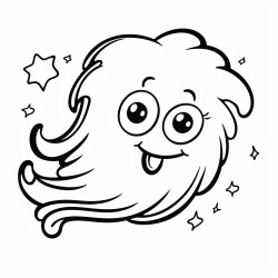 a playful comet with a long curly tail winking at the viewer