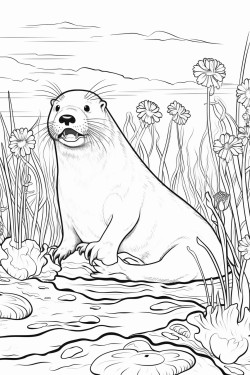 giant river otter playing in the water with its sleek body and joyful expression surrounded by river plants and fish