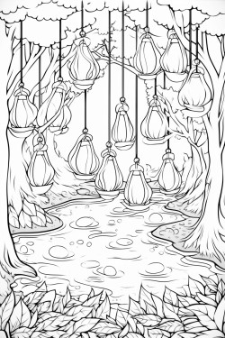 a magical forest with floating lanternsok