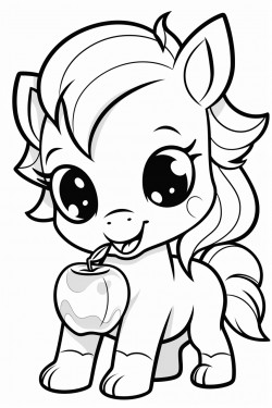 baby chibi unicorn eating apples in the park