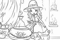 a retro pumpkin dresses as a witch stirring a cauldron with a spoon in a room full of potions