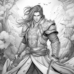 fierce and friendly asian hero with long flowing hair robes lotus in one hand sword in the other handsome full body