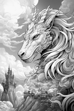 a castle in the clouds and a flying unicorn