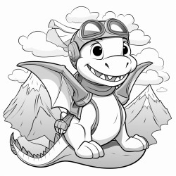 dragon fying in an airplane over the mountains wearing a snow hat