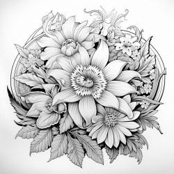 large floral mandala with garden behind it
