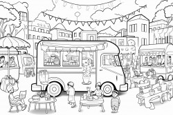 food trucks market several of them all with a multicultural theme and festoon lights