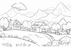 a landscape view of houses pump forest flower animals mountain sky