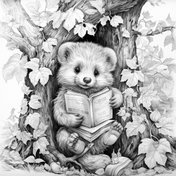 a bear reading books under an oak tree