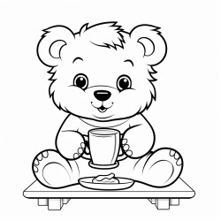a cute fuzzy bear in a cafe enjoying a cup of tea