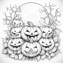 a group of smiling pumpkins with bats flying around a full moon