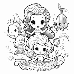 kawaii mermaids and sea creatures living in a deep ocean