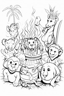 a group of jungle animals including a tiger parrot and monkey dancing around a birthday bonfire