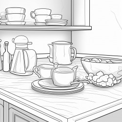 a kitchen with a cake dish on the counter