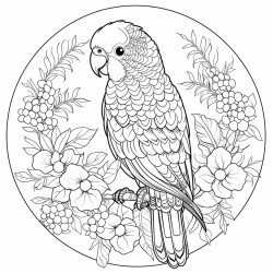 a parakeet with flowers and berries in mandala style