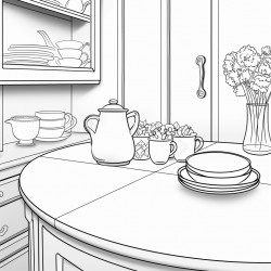 a kitchen with a cake dish on the counter
