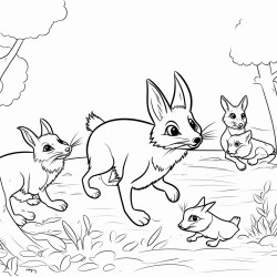a group of rabbits running away from a sneaky red fox the rabbits enters their hole while the sneaky red fox observes