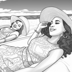 coloring page black and white body positive ladies lying on the sandy beach