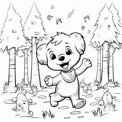 a dog dancing in the forest with music notes