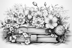 books surrounded by various delicate flowers