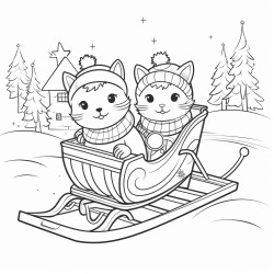 The illustration should be in SUPER SIMPLE black and white bold line art with a clear mostly empty background INCLUDES ONLY OUTLINES WITH NO FILLED IN BLACK AREAS ensuring no shading no complex images and making it very easy to color in between the lines Two cats riding a sleigh together