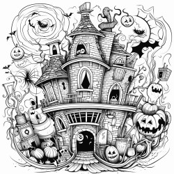 haunted house with halloween things around it in a storm and words that say happy stormoween