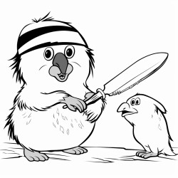 baby chicken holding knife chases walrus
