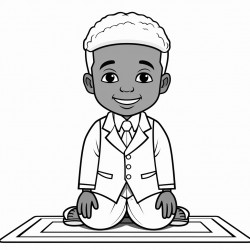 a african american muslim child on a prayer mat wearing a suit and bowtie