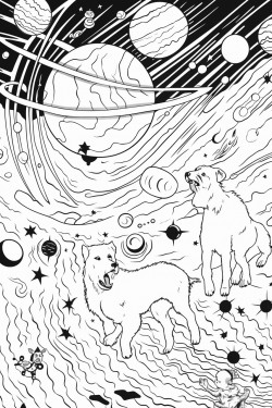 coloring page black lines line art no colors retro scene of dogs floating in space chasing bones white background