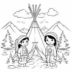 girls inside teepee in forest few pine trees  with mountains in background clouds in sky show faces of girls