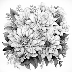 a coloring book page flower bouquet clean white background thick black outline no shadow no shading no grayscale