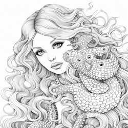 a coloring page of a curly haired mermaid girl with a pet octopus