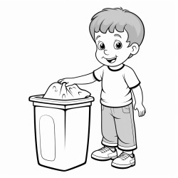 a 3 year old kid putting garbage in a trash can