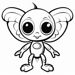 alien animal with 4 legs and 4 arms with wings and twinkling cute eyes white background kids colouring pageno shadows