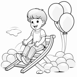 child on slide with balloons