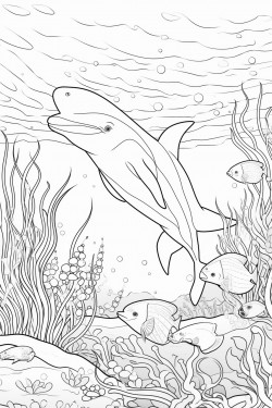 ocean scene underwater with lots of sea animals colorful fish coral reefs and a friendly dolphin