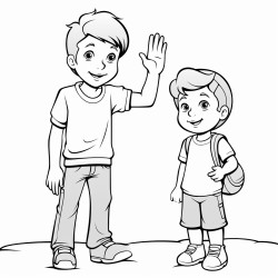 a 3 year old boy waving his hand any saying bye to his father who is standing away from him