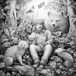 a middle age person lounging in a cypress forest surrounded by cute critters bathed in phytoncides