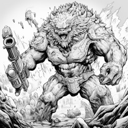 monster made of lava shooting a lava minigun