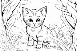 black and white coloring book drawing only thick outlines no grayscale for kids cartoon style cat forest