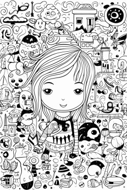 a hunt and find collage line art coloring page with 30 hidden buttons 10 hidden pencils 15 hidden flowers 15 hidden gemstones 10 stuffed bears 20 hidden marbles 10 books 15 hidden rubber ducks 10 triangles 15 blocks 10 hidden fairy wands and 10 hair bows