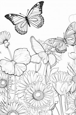 fill the page with butterflies and different varieties of flowers all varying in different sizes