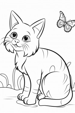 domestic house cat looking at butterfly white background black outline