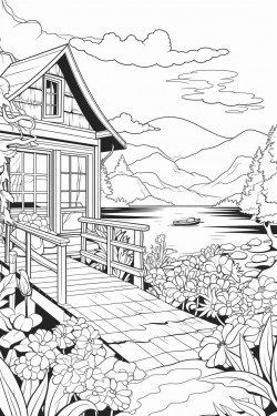 switzerland landscape with a quaint stone house surrounded by flowers wooden dock extending into a lake