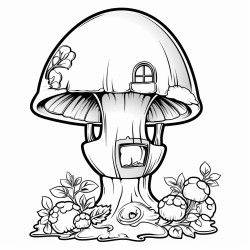 a fairy house in a long stemmed wine glass with mushroom around the base of the glass