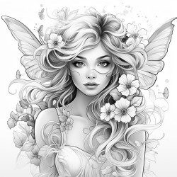 fairy girl with fairy wings flower petals flying around her