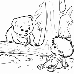 one boy is in a tree the other boy is lying on the ground and being sniffed by a bear
