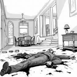 a crime scene in an apartment with a dead body bleeding face up and sprawled over